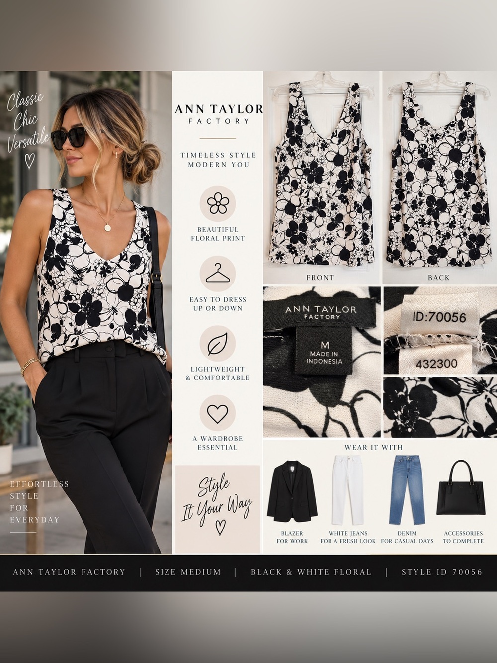 Ann Taylor Factory Black White Floral Sleeveless Top Women’s M